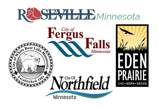 Logos for the 2018 Best MN Town finalists: Roseville, Fergus Falls, Eden Prairie, Northfield and White Bear Lake